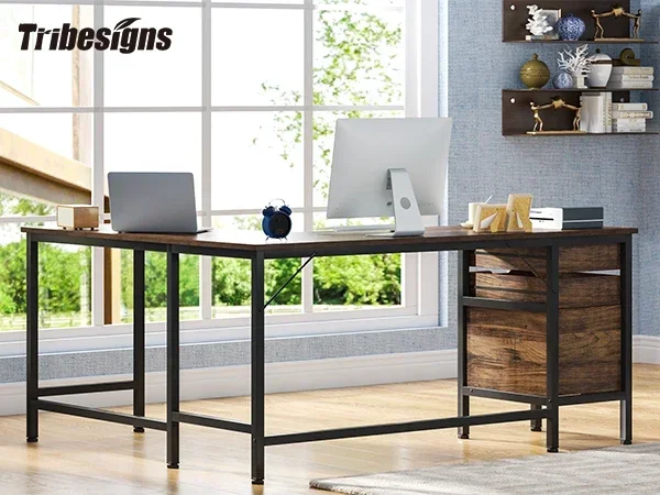 Tribesigns L Shaped Desk with File Drawer Cabinet, 59 Inch Corner Desk L Shaped Computer Desk with Drawers, Rustic Brown