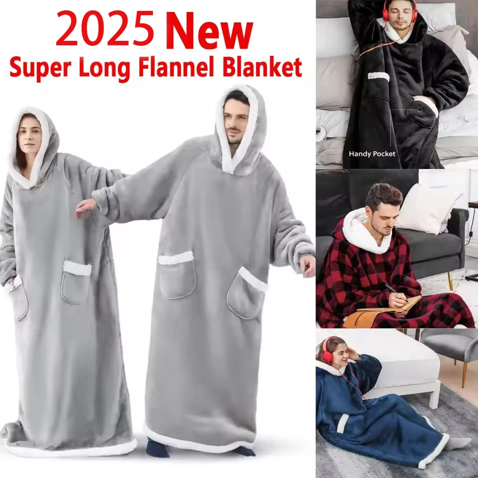 

Unisex 150cm Extra Long Flannel Robe - Hooded Sweatshirt Style, Fleece Lined, Winter Warm Blanket-Like Pajamas