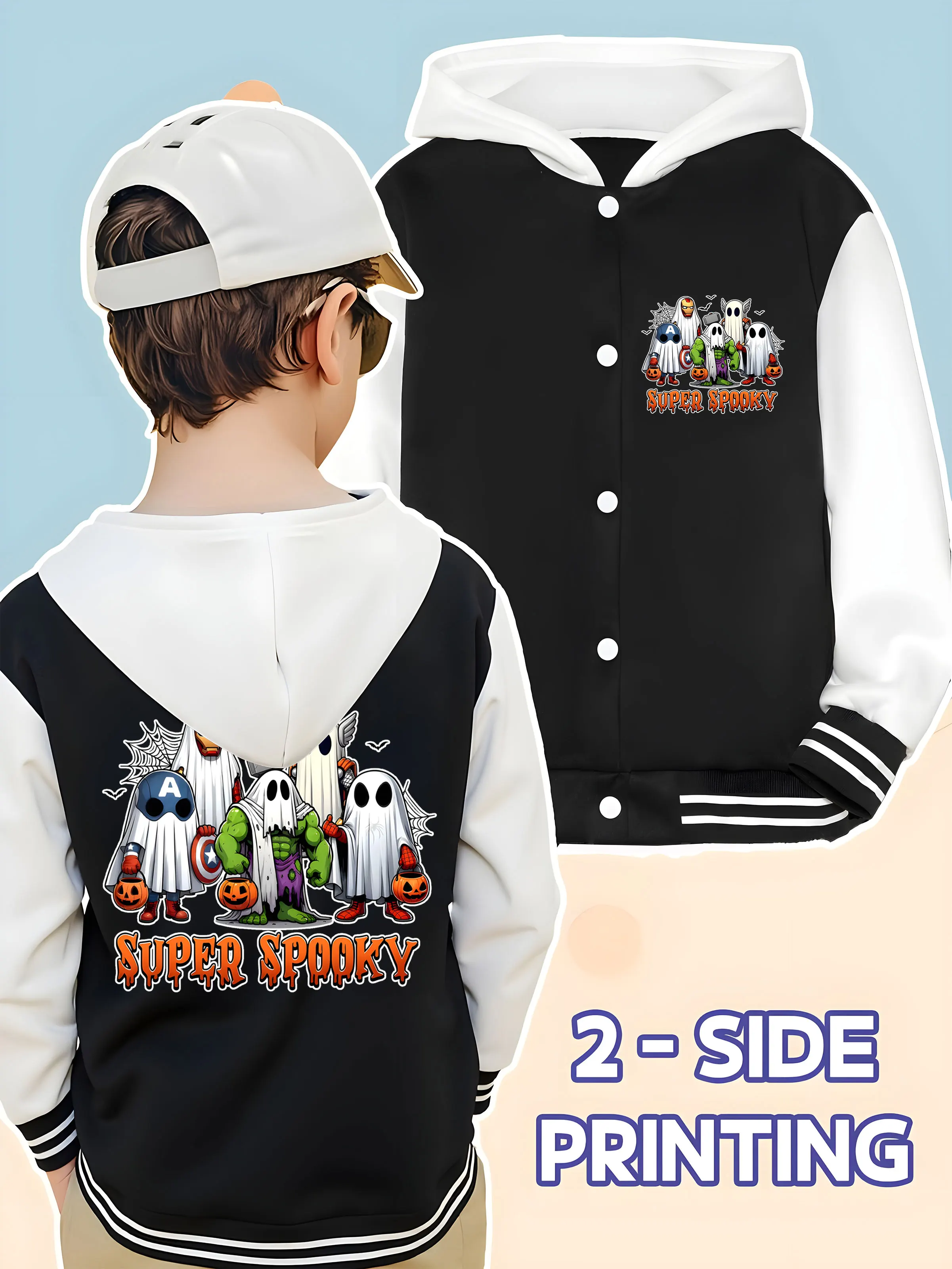 MINISO Marvel Avengers Ghost Fun Giacca da baseball per ragazzi - Avengers hero ghost stampa divertente, creatività fronte-retro, tessuto morbido, mee