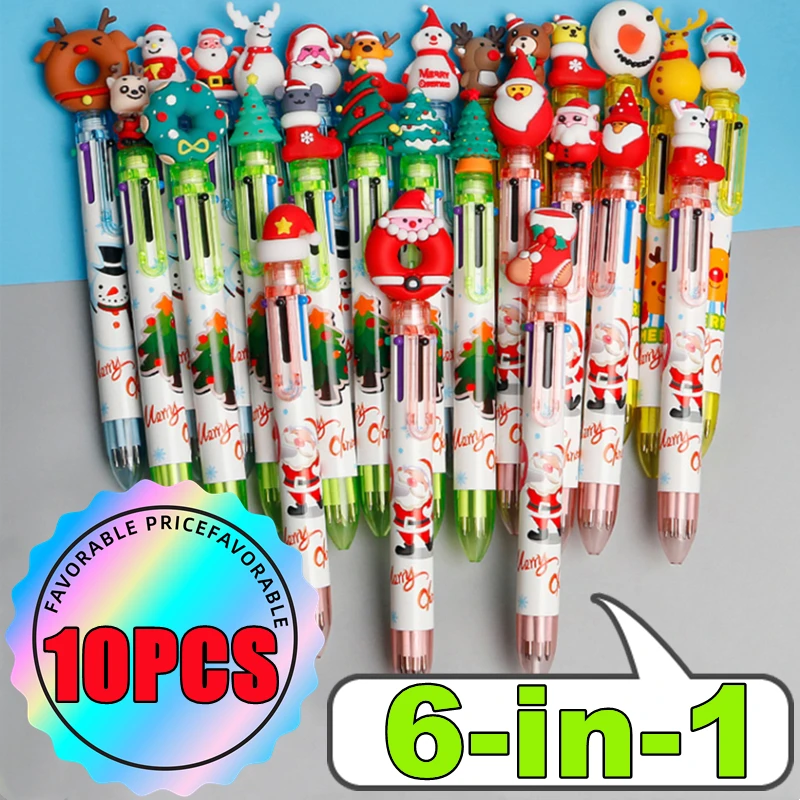 10-1PC Retractable Multicolor Pen Christmas Ballpoint Pen 6 in 1 Santa Claus Xmas Tree Student Reward Christmas Party Favor Gift