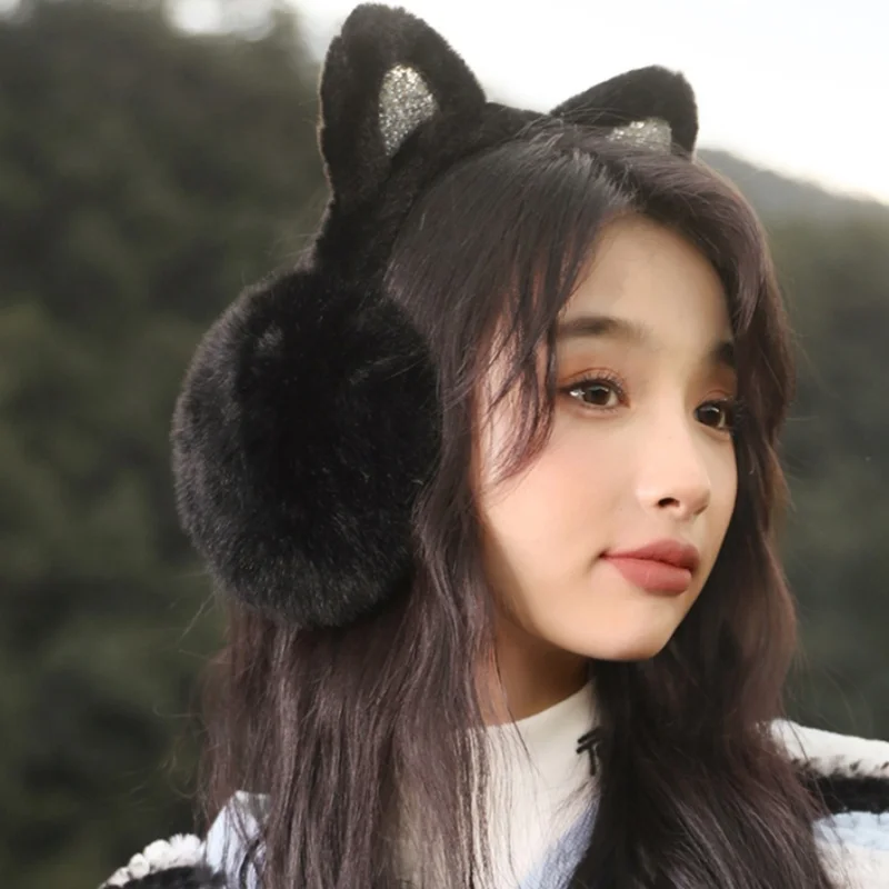 Solid Color Soft Plush Ear Warmer Winter Warm Lovely Glitter Cat Ear Earmuffs Outdoor Cold Protection Ear Muffs Folding Earflap