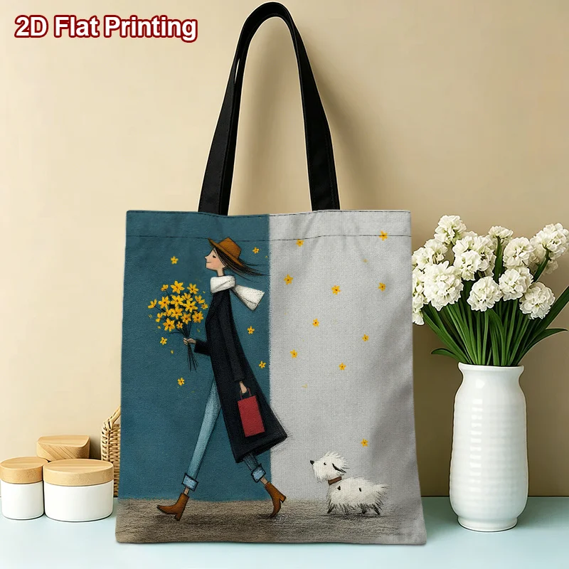 1pc Large Capacity Durable Tote Bag with 2D Flat Artistic Effect - Illustration Print of Lady Holding Flowers and Walking Puppy