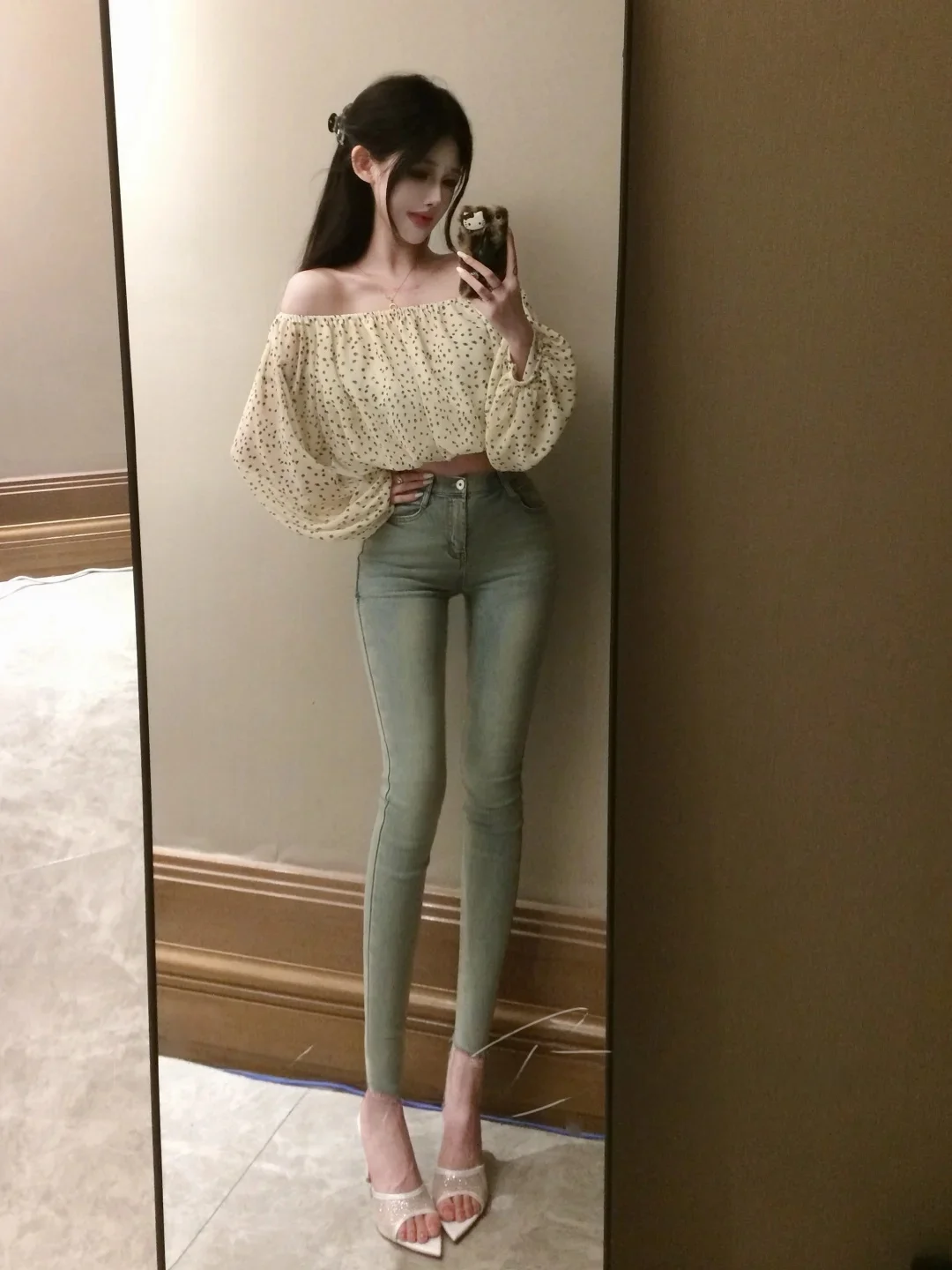 High Waist Stretchy Slimming Washed Denim Pants Korean Style Beautiful Butt Enhancing Nine Point Pencil Thin Leggings