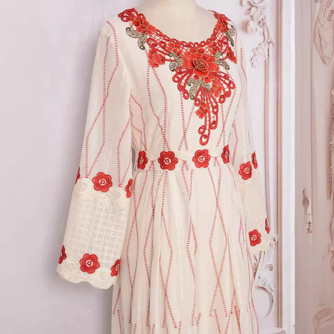 Muslim 2024 New Summer Dress Embroidered Flower Decoration Round Neck Long Sleeves Casual And Elegant Apricot Robe With Belt