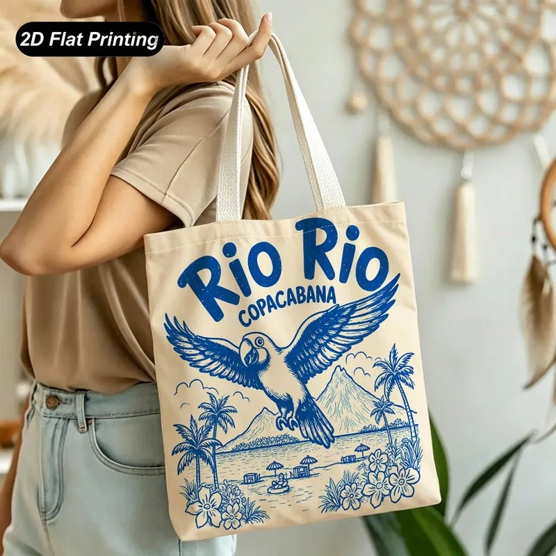1PC【Tote Bag】2DFlat effect，Retro-style RioCopacabanaBeach Bird Print Tote Bag，Lightweight and large capacity，Adapted shoppin
