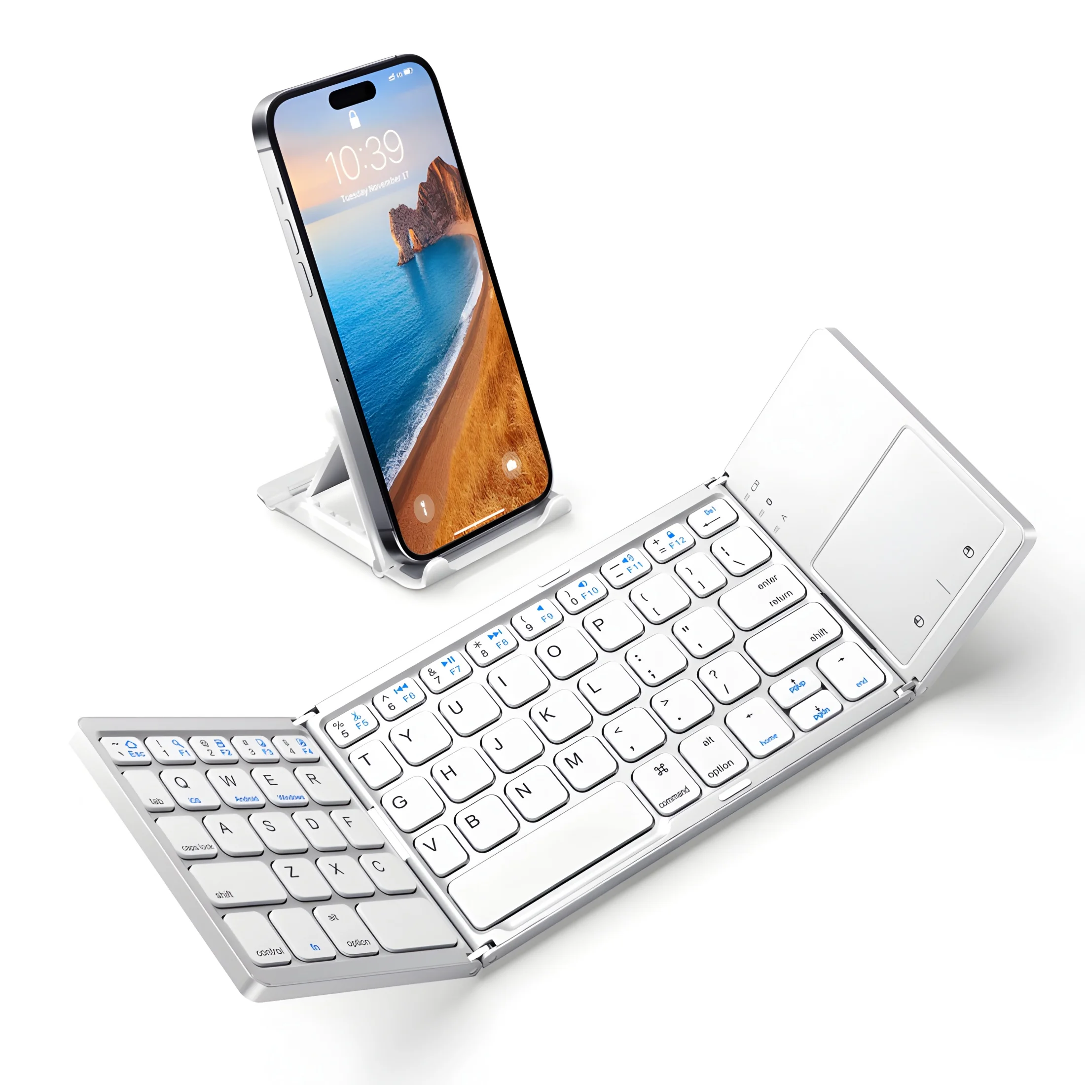 タブレット、スマートフォン、ノートパソコンに対応。ios、android、windowsで使用可能。軽量で、タッチパッド付きの折りたたみ式ポータブルbluetoothキーボード。