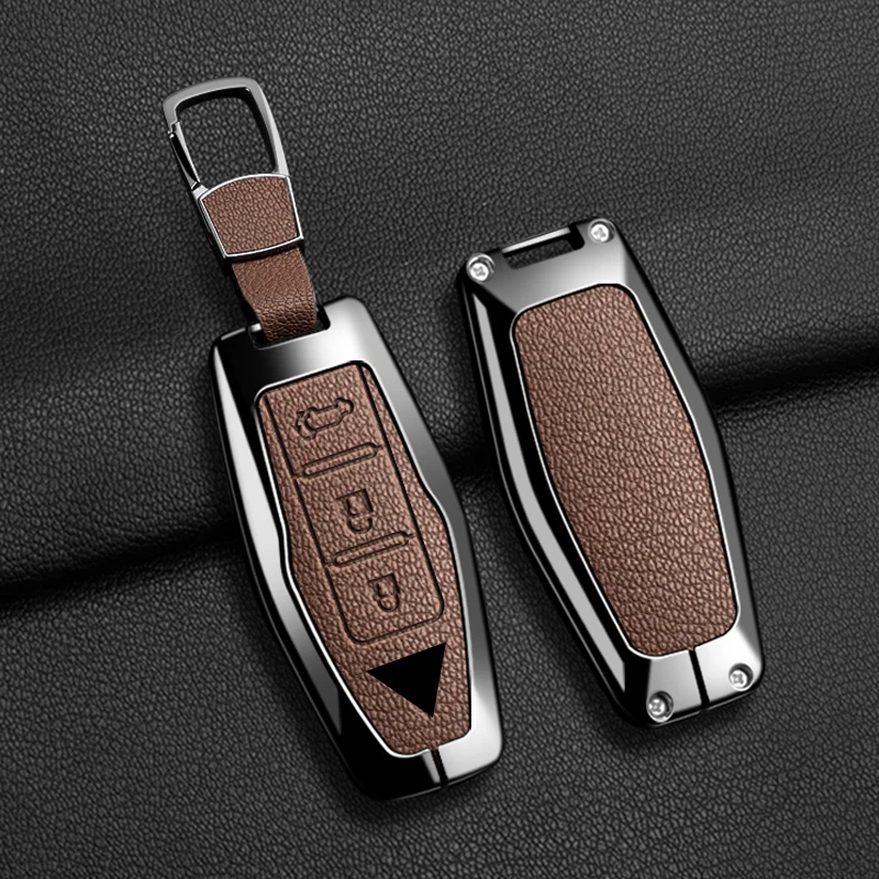 Zinc Alloy + Leather Car Key Case Cover Shell Fob For Mitsubishi Outlander 2022 2023 2024 2025 Control Car Interior Accessories