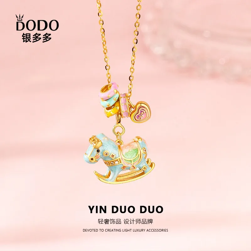 S925 Sterling Silver Enamel Rocking Horse Pendant Necklace Gold Macaron Color Luxury Minimalist Everyday Jewelry for Women Gift