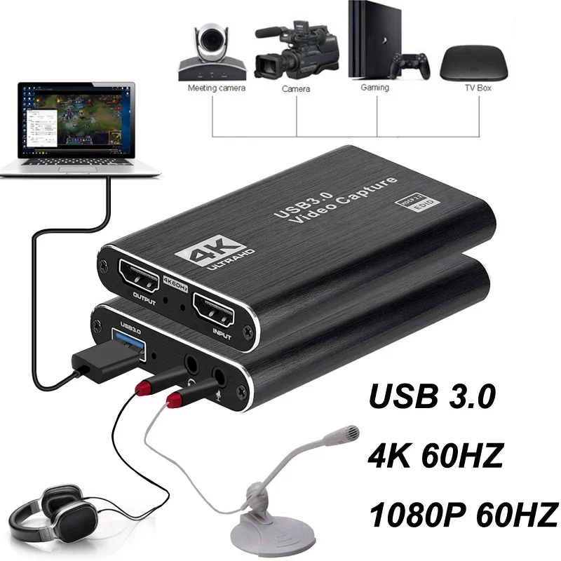 

USB3.0 Videocapture Card 4K 60hz Loop Mic USB 3.0 1080P HDMI Audio Video Recording for PS4 Game TV Box Camera PC Live Streaming