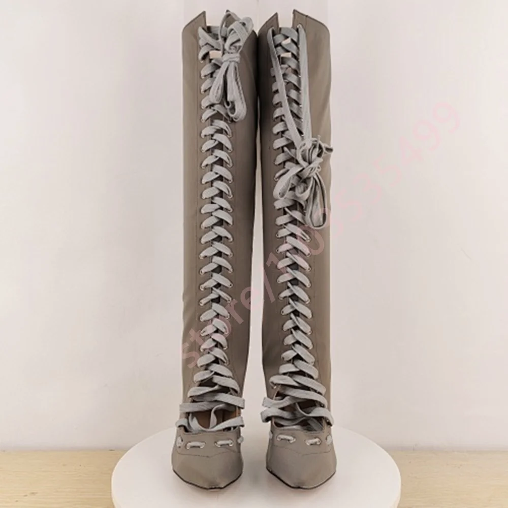 أشار تو الدانتيل متابعة مثير المرأة أحذية عالية في الركبة 2025 الخريف الرجعية المدرج خنجر الأحذية الأخضر/الرمادي حفلة حذاء طويل غير رسمي #4