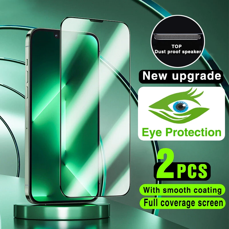 2PCS Green Light Eye Protection Screen Protector on For iPhone 14 13 12 11 Pro Max XS X XR Tempered Glass Dustproof Speaker