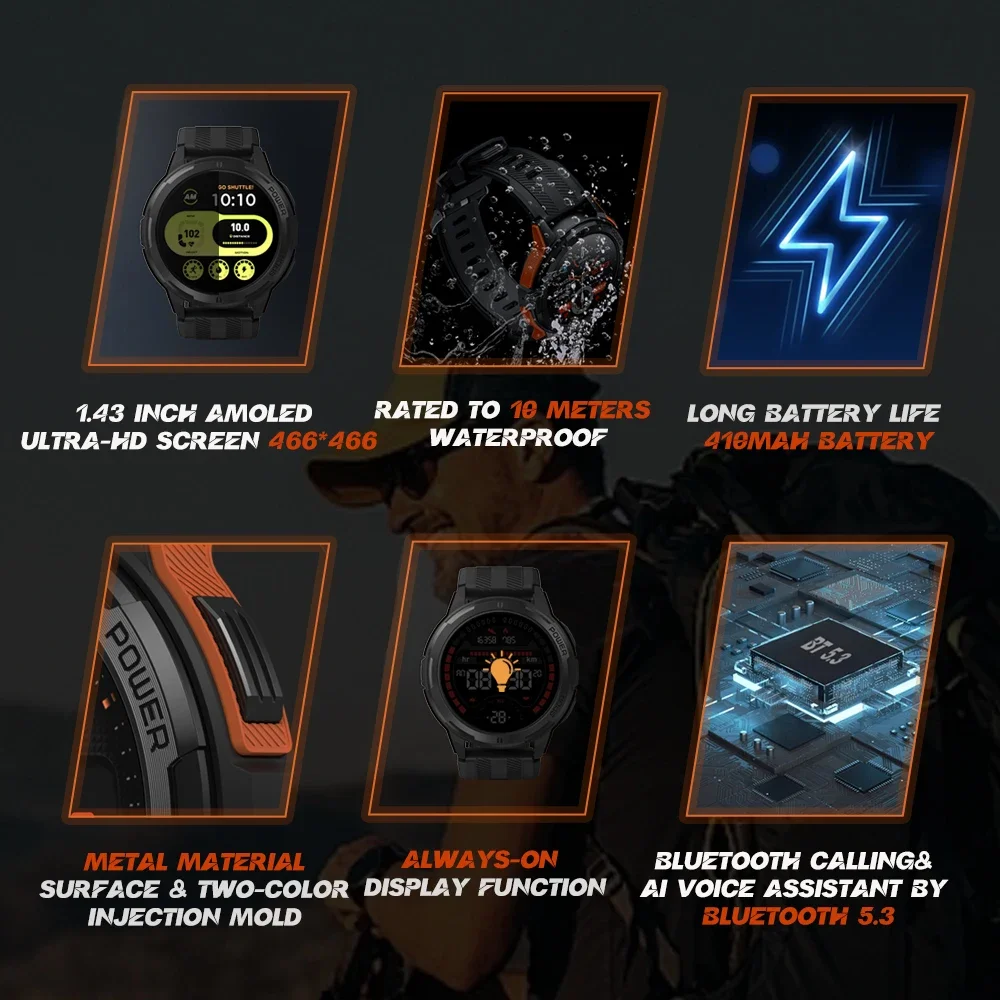 Wavefun Smart Watch per uomo 1.43''AMOLED Fitness Tracker Robusto Sport Smartwatch Ultra impermeabile Chiamata Bluetooth Doppia cinturino