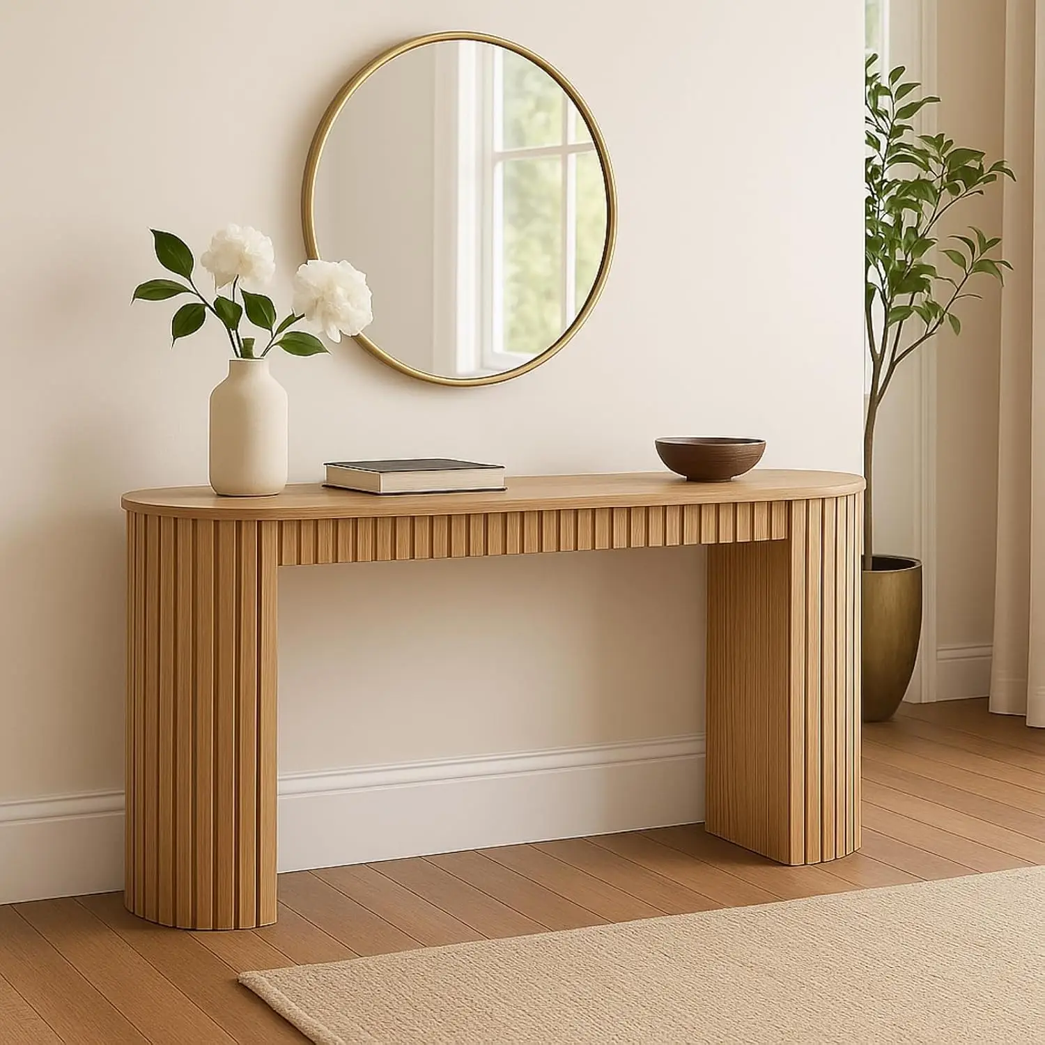 Wood Fluted Console Table with Drawer, Narrow Sofa Table, Oval Entry Table for Living Room Hallway, 59 inch, Customized