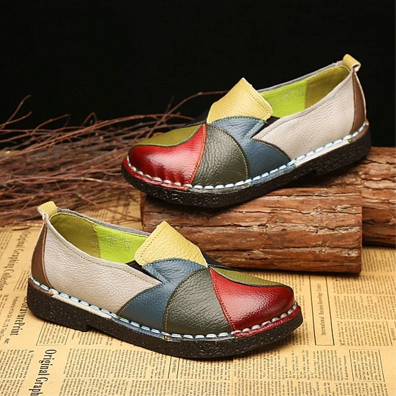 2023 Autumn New National Style Large Size Women\'s Shoes Matching Retro Flat Soft Soled Leather Shoes Middle-aged Mother