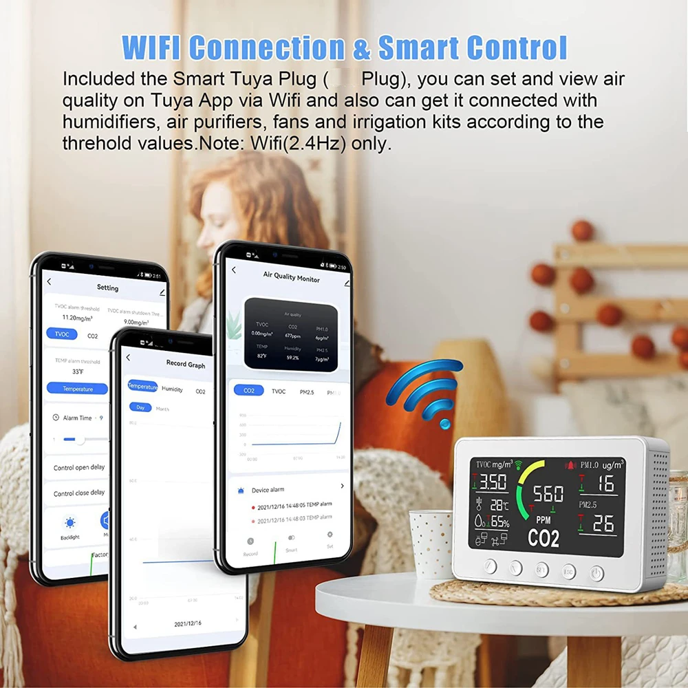 Tuya-Monitor inteligente de calidad del aire, Sensor de temperatura y humedad, Detector preciso de formaldehído, NDIR CO2, PM2.5, PM1.0, TVOC, wifi