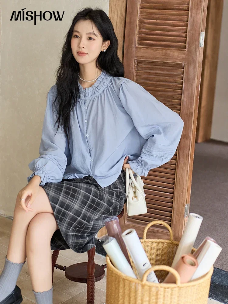 MISHOW French Stand Collar Shirt Women Flared Sleeves Single Breasted 2024 Fall New Korean Long sleeved Loose Blouse MXD46X1685