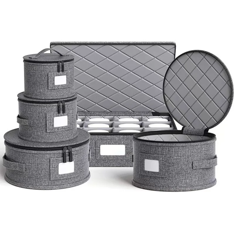 Grey Plate Storage Set Mug Box Dish Organizer Quilted with Lid for Tableware Kitchen Moving and Seasonal Storage Container