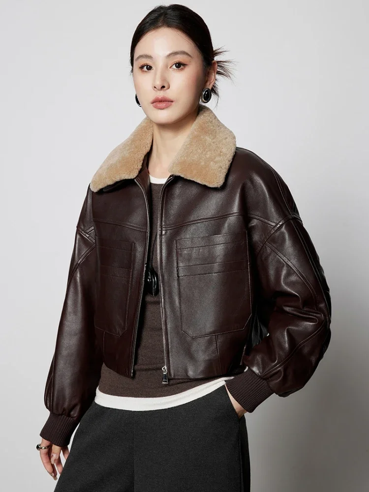 

Vintage Short Genuine Leather Goose Down Jackets for Women 2026 New High-end Simple Natural Wool Collar Real Sheepskin Down Coat