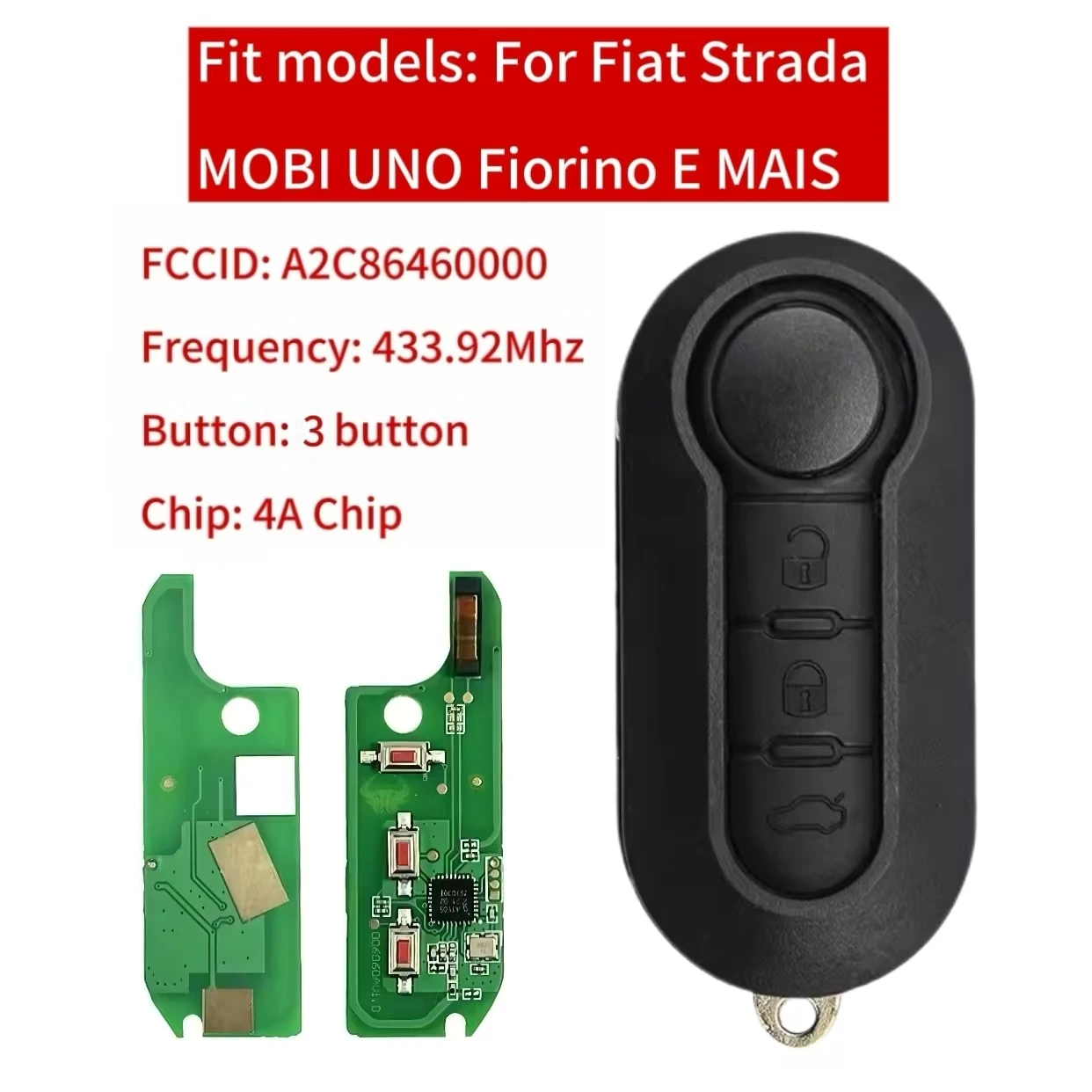 Chiave telecomando ribaltabile Jingxin 2/3 pulsanti HITAG AES 7945 4A Chip 433 Mhz A2C 86460000   Portachiavi per chiave auto Fiat Strada MOBI UNO Fiorino E MAIS