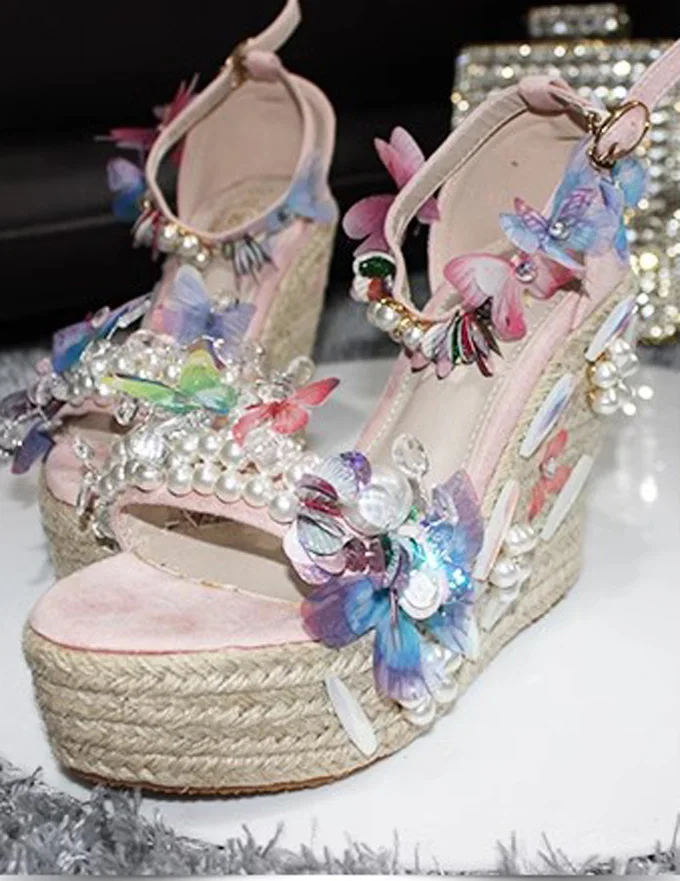 

Beauty Pearl Flower 3D Multi Butterfly Rope Braided Wedge Sandals Platform Peep Toe One Strap Bohemia Sandalias