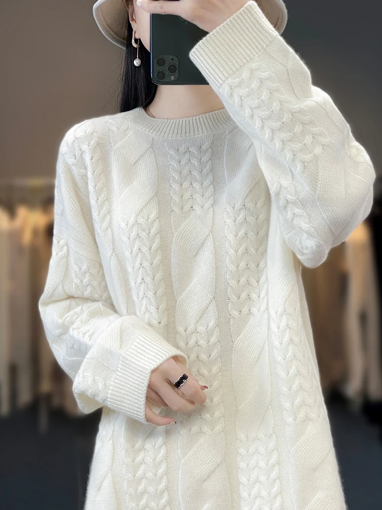 

Classic O-Neck Twisted Flower Long Sleeved Loose Pullover Knitting 100% Wool Women's Sweater High-Quality Tops Simple Style