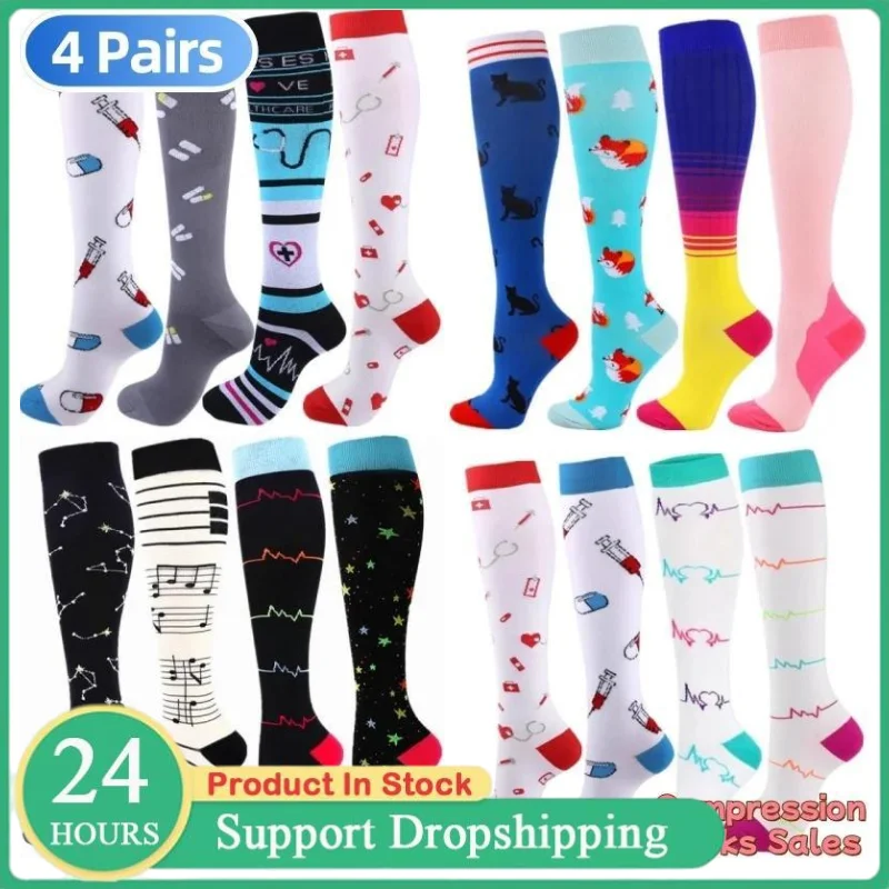 

4Pairs Compression Socks 15-20Mmhg Knee High Sports Socks for Running Cycling Hiking Fatigue Relief Breathable Moisture Wicking