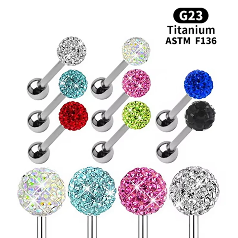 2Pcs G23 Titanium Full Disco Balls Earrin Earrings Medical Studs Punk Crystal ball T-Type Screw Cute Stud Earrings Jewelry