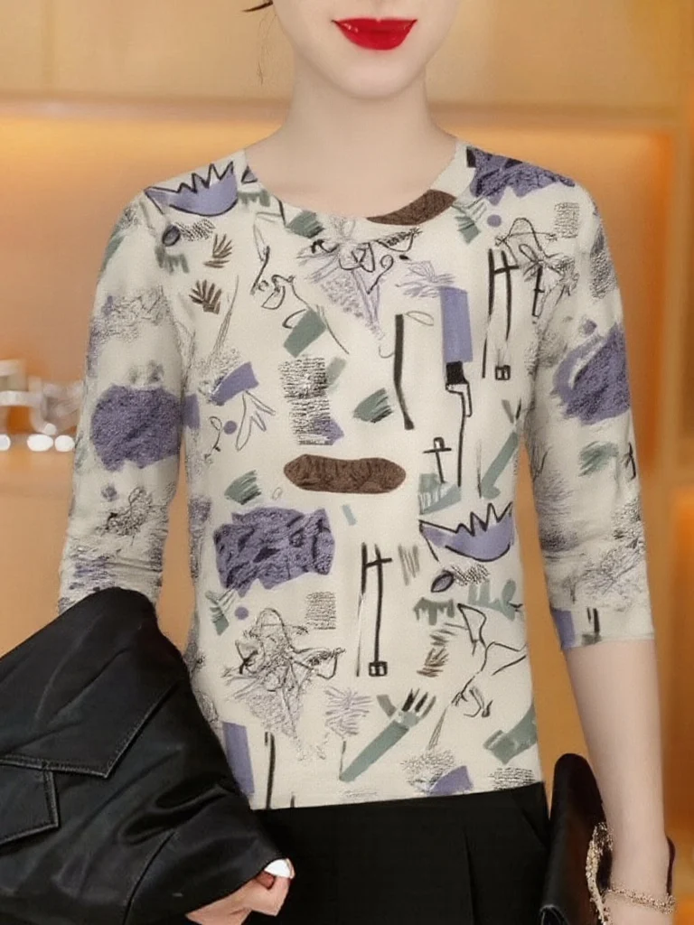 

Elegant Long Sleeve Printed T-Shirt Women's round Neck Slimming Belly Cover Versatile Mommy Top Spring 2026 Fashion New Arrival