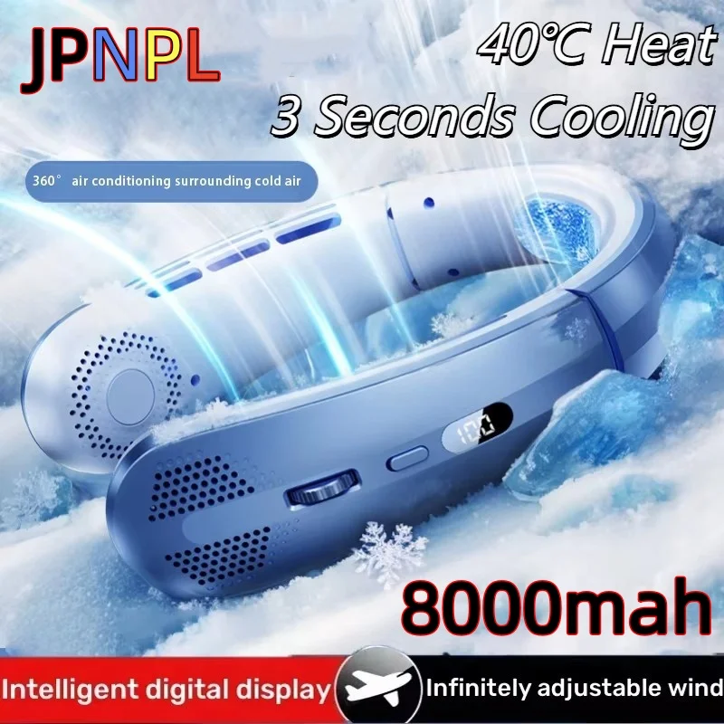 Ventilador eléctrico para colgar en el cuello, portátil, sin aspas, Mini, recargable, silencioso, con pantalla Digital LED, enfriador de aire para exteriores, 8000mAh