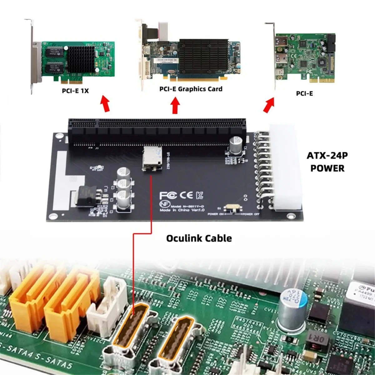 4X Oculink SFF-8612 SFF-8611 naar PCIE PCI-Express 16X Adapter met ATX 24Pin Power Port voor Moederbord Grafische Kaart