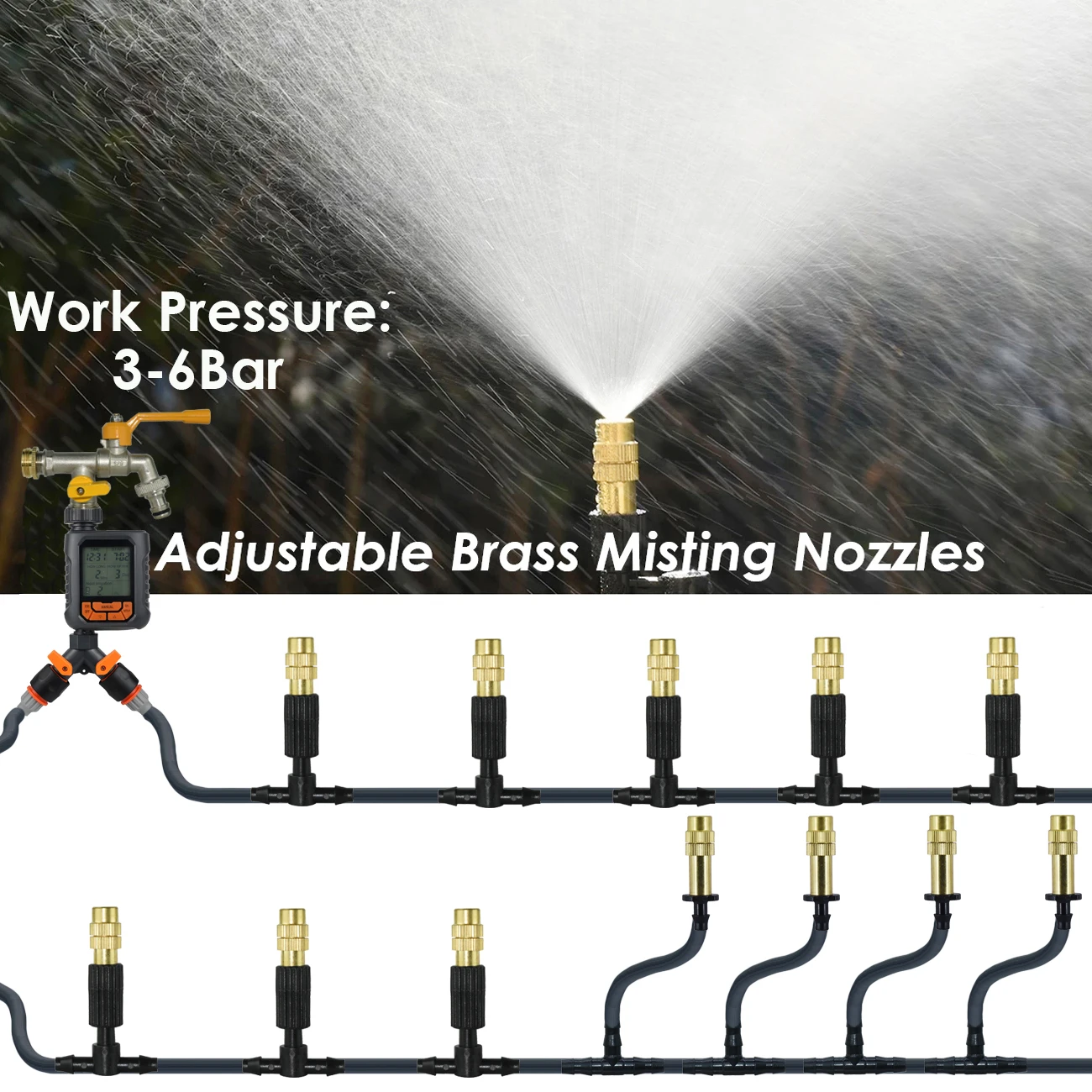 5M-30M Outdoor Misting Cooling System Garden Irrigation Watering 1/4\'\' Brass Atomizer Nozzles 4/7mm Hose for Patio Greenhouse