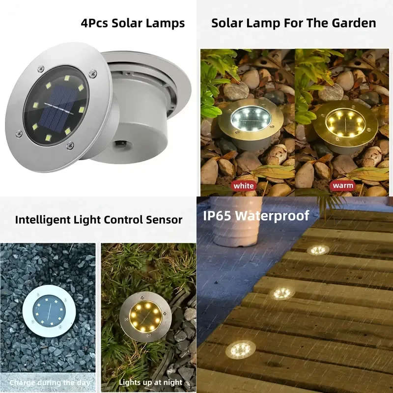 1/4pcs/lot Outdoor Lighting Solar Powered Panel 8 LED Floor Lamps Deck Light LEDUnderground Light Garden Pathway Spot Lights