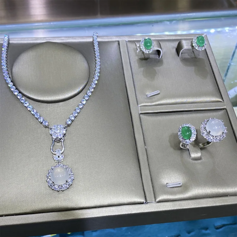 

Natural White Chalcedony Oval Green Agate Open Ring Women Elegant Luxury Pendant Earrings Three-piece Set