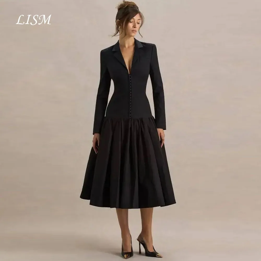 LISM Women Black Party Dresses Suit Jacket Dresses Notch Lapel Long Sleeves Tea-Length Prom Gown Customized Office Lady Wear