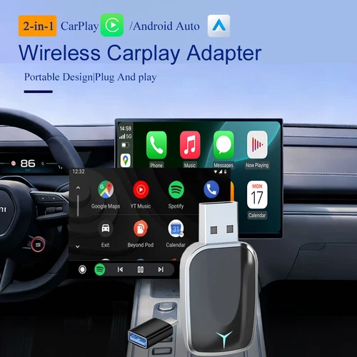 Imagen 1 del producto Adaptador Inalámbrico 2 en 1 para CarPlay y Android Auto, Dongle de Conexión por Cable a Inalámbrica, Plug and Play con USB, Caja Inteligente con IA, Sistema Inteligente para Automóvil