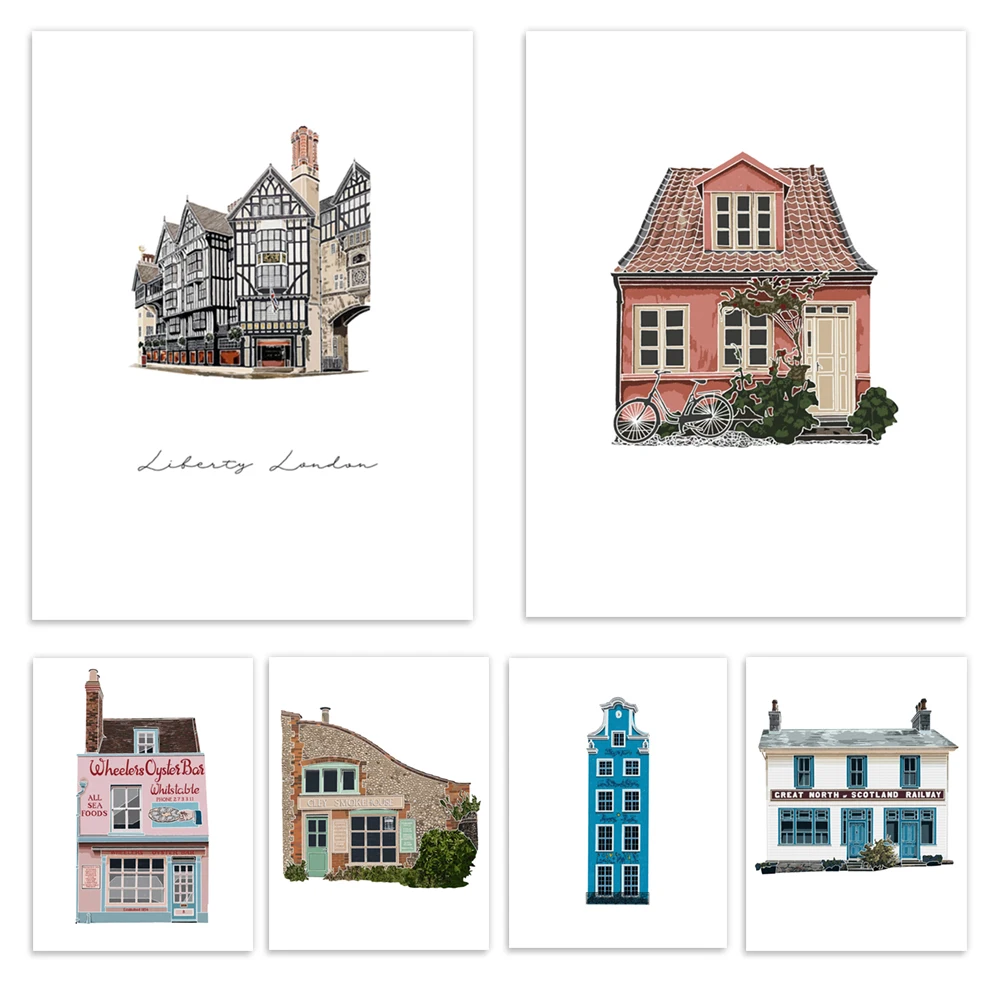 Tate Modern, St. Paul's, Kew Palace, Whitstable, Crooked House in Windsor, Portugal, London, American architecture posters