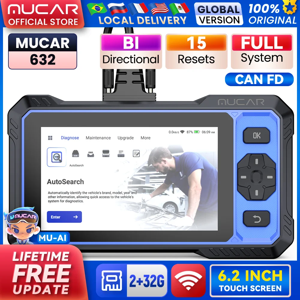 

MUCAR 632 CANFD Car Diagnostic Tool 4 Systems ECM TCM ABS SRS Automotive Tools 15 RESET Bi-Directional Control Obd2 Code Reader
