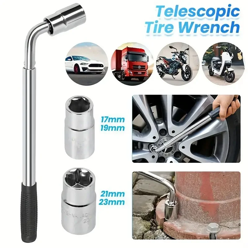 Imagem -03 - Chave de Porca Extensível com Soquete Cromado Vanádio para Reparo Fácil de Pneus Soquetes tipo l Ferramentas de Emergência 17 mm 19 mm 21 mm 23 mm
