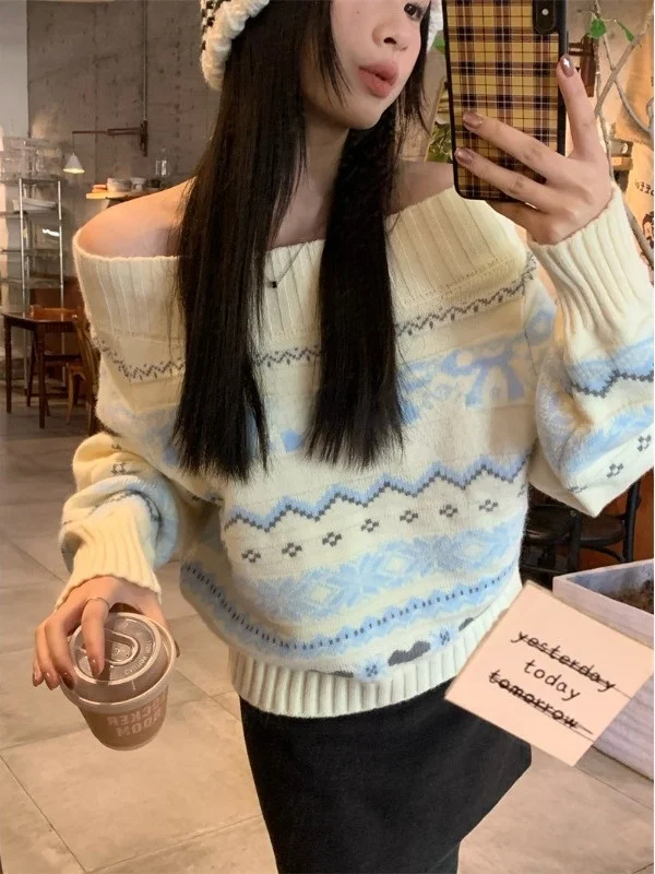 

Loose Knitted Sweater Women's Spring 2026 New Style Short Crop Top One Shoulder Belly Button Island Style Long Sleeve