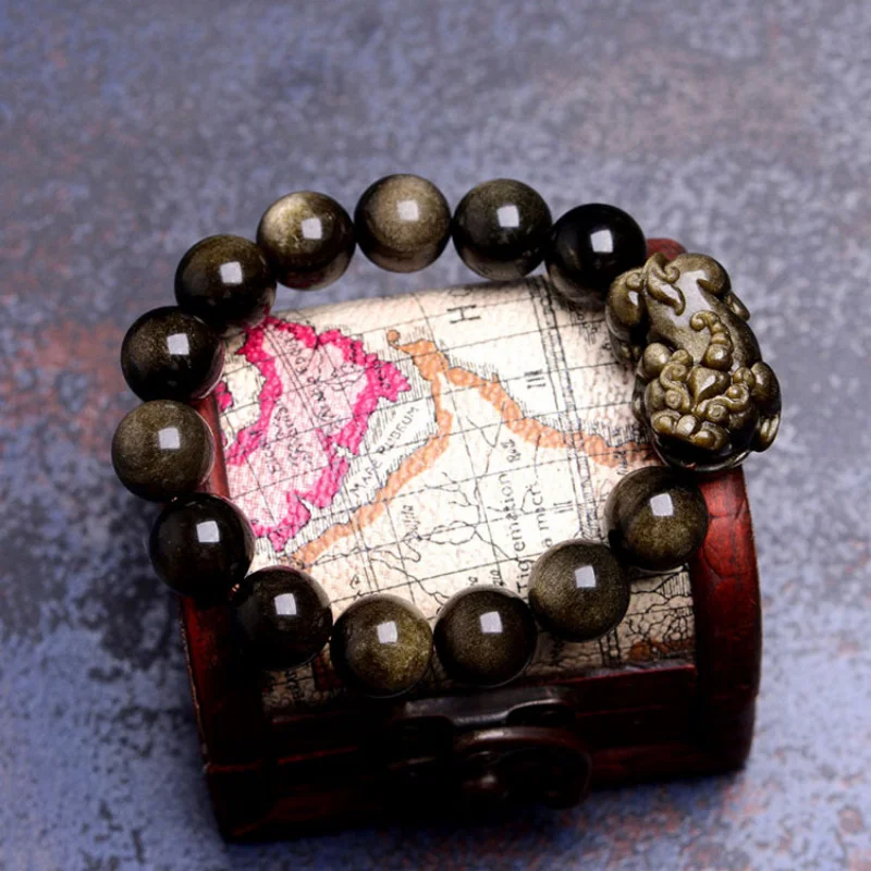 

Fortune Pixiu Bracelet Natural Obsidian Jewelry Gold Shining Stone Bead