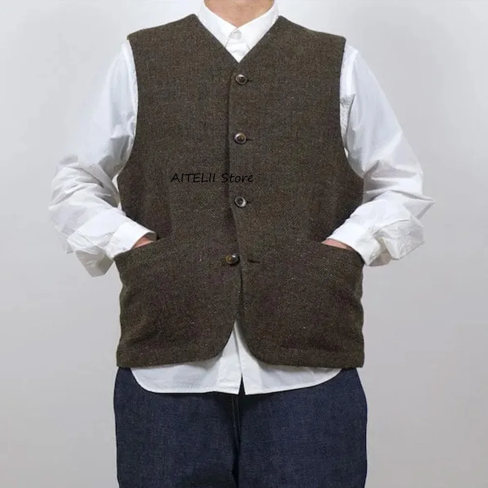 

Мужской классический жилет для мужского костюма, винтажный однобортный жилет из ткани «елочка» с v-образным вырезом, повседневный стиль, элегантный мужской жилет без рукавов
