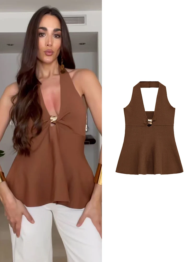 

TFMLN Elegant Women Halter A-line Knit Tops 2025 Spring Summer Sexy V Neck Knitted Tank&Camis Fashion Casual Sleeveless Tops