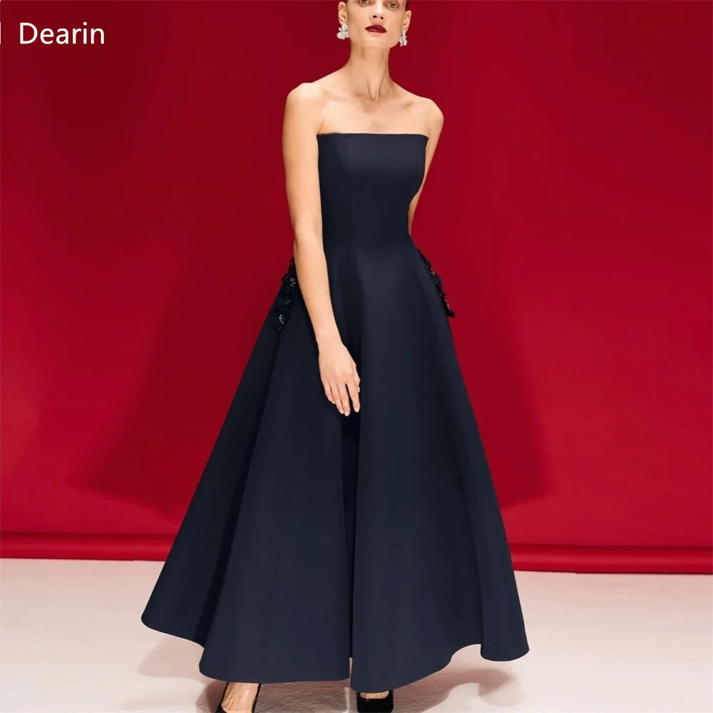 

Customized Evening Dress Prom Gown Women Formal Dearin Strapless A-line Floor Length Skirts Draped Sleeveless 3D Flower Bespoke