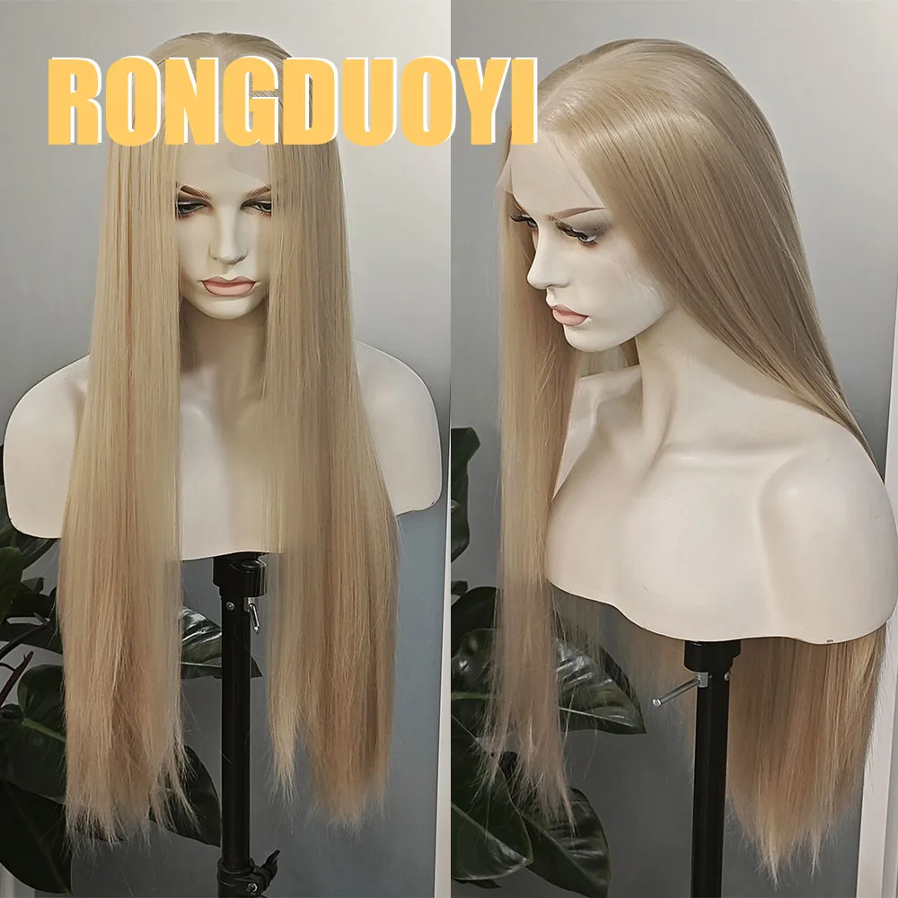 RONGDUOYI-Peluca de cabello sintético para mujer, pelo rubio ceniza 13 × 6, fibra de calor recta, encaje frontal sin pegamento, maquillaje diario