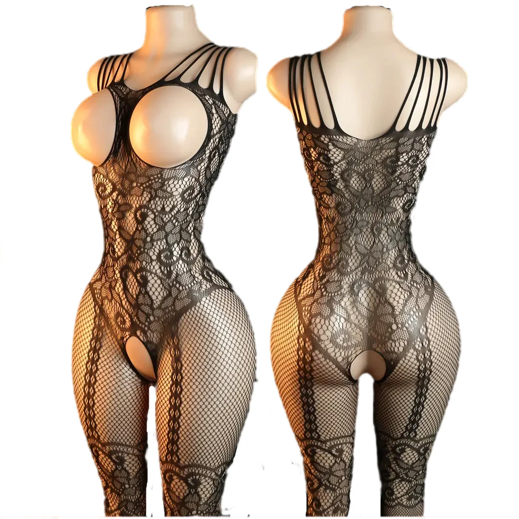 One Size Crotchless Bodysuit Transparent Bodystocking Catsuit Open Bra Hollow Pantyhose Erotic Costumes Sexy Fishnet Lingerie