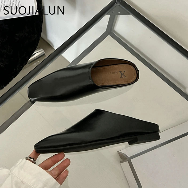 SUOJIALUN 2023 Autumn Women Slipper Ladies Round Toe Slip On Ladies Casual Mules Shoes Flat Heel Outdoor Dress Sandal Shoes