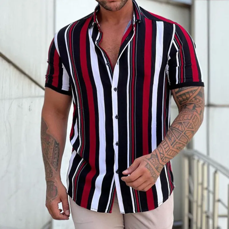 Camisa de manga corta para hombre, camisa informal a rayas con solapa, moda urbana de viaje, tipo suelto, novedad de verano