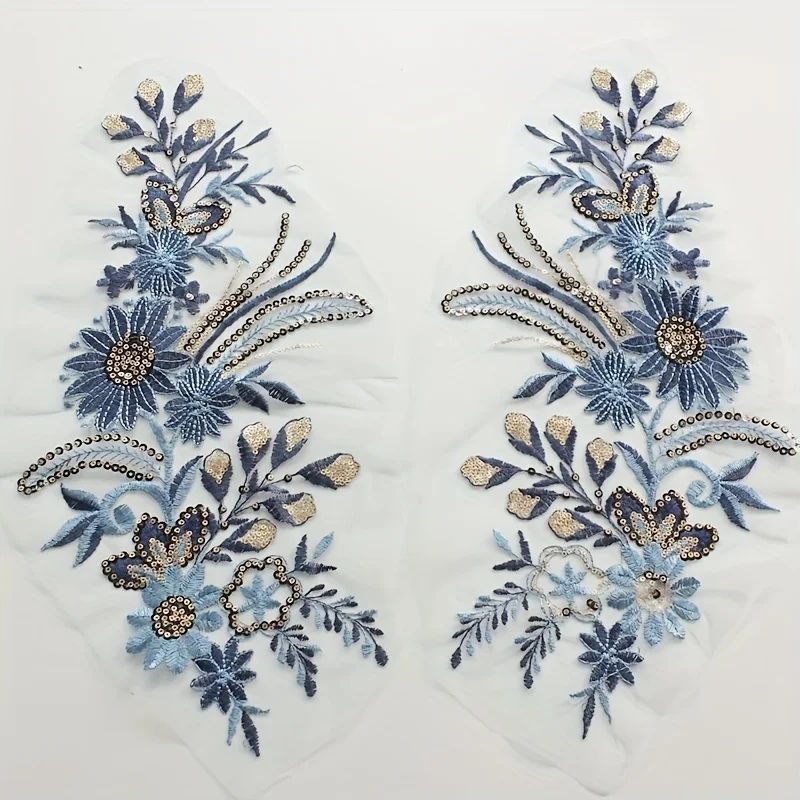 1 Pair, Blue Sequined Lace Fabric Embroidered Dress with Appliqué Collar, Mesh Stitching Patch Suitable for DIY Wedding Decorat