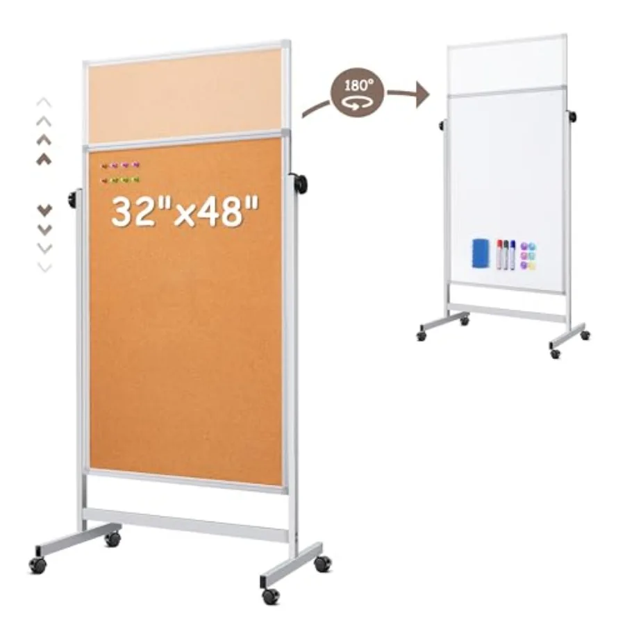 

Двусторонняя пробковая доска-флипчарт 32 x 48 дюймов, большая пробковая доска для офиса, регулируемая по высоте, магнитная, сухостираемая.
