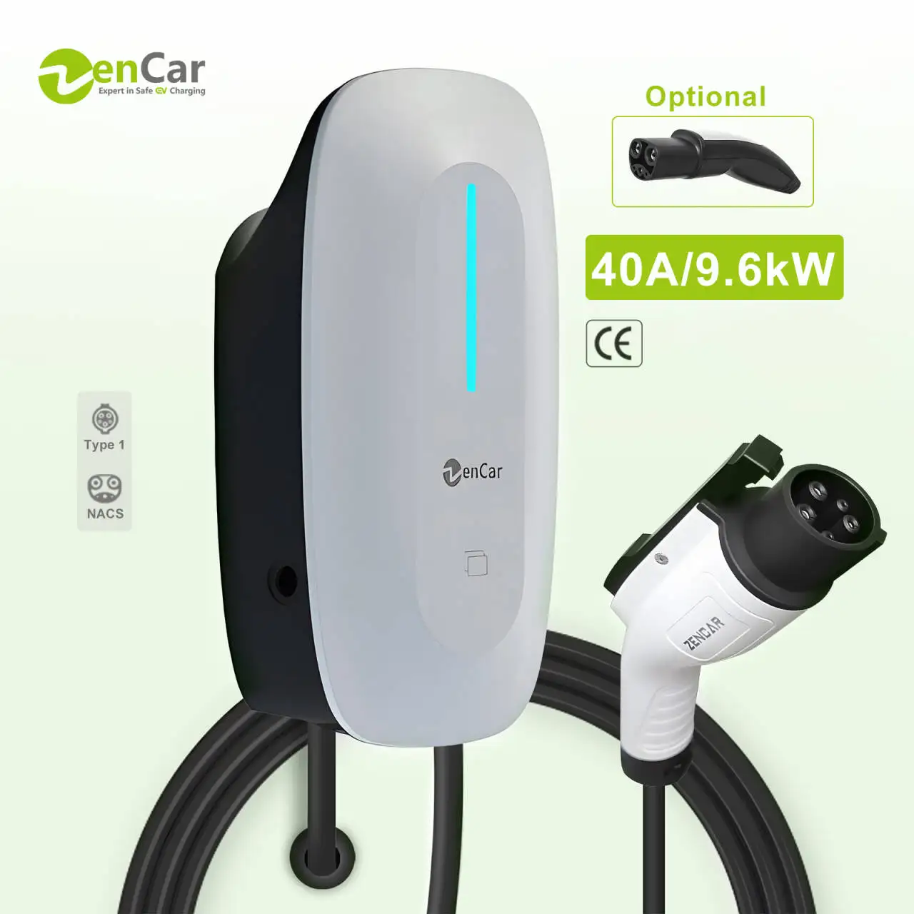 Zencar AC EV Charger Station 40A 9.6kW Type 1 Nacs Connector Smart Wallbox For Home And Commercial Charging